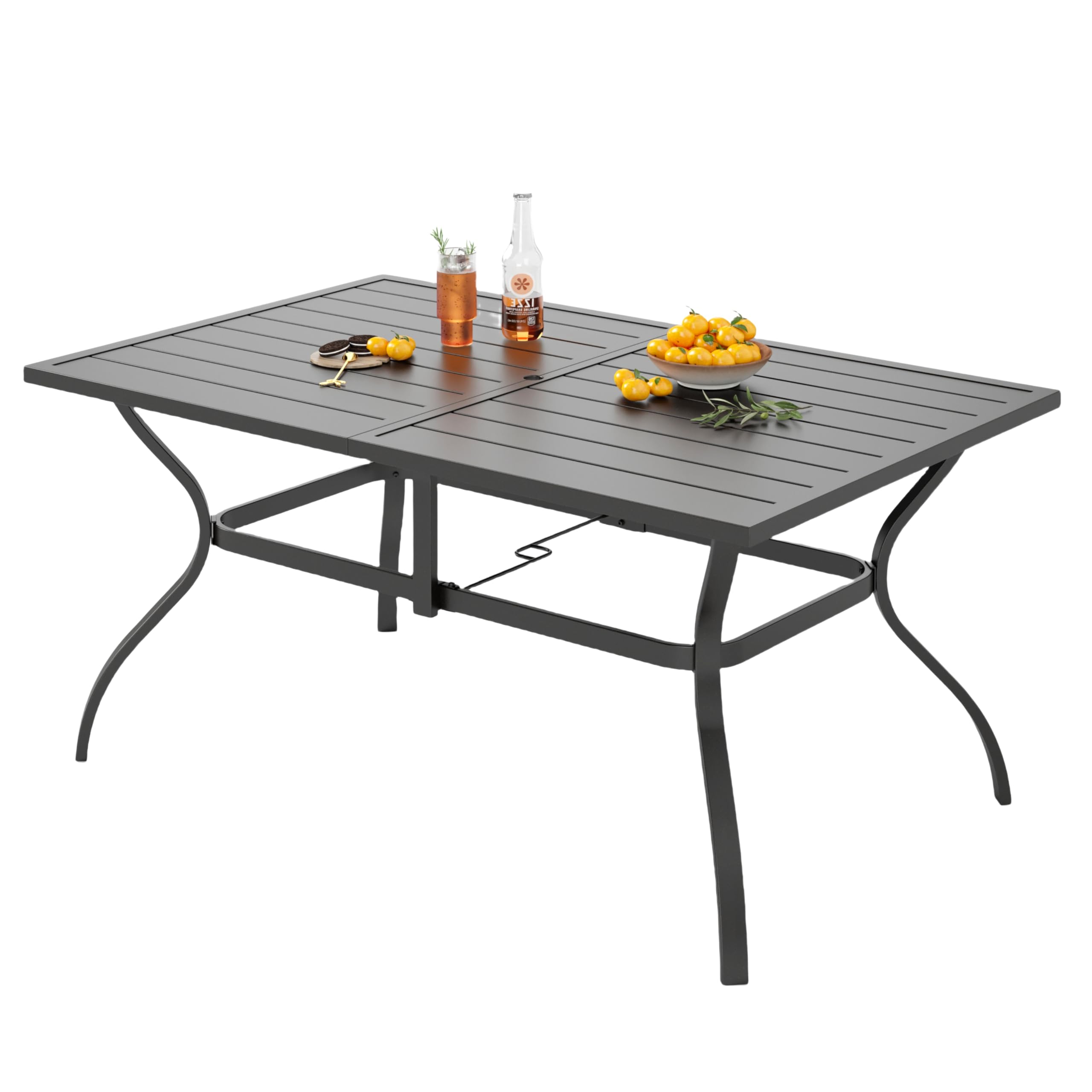 PHI VILLA Garden Table Outdoor Patio Table for 6 Person 152 * 95cm Rust Proof Steel Frame with Parasol Hole Outdoor Patio Garden Dining Table Maintenance Free (Black) — image 1