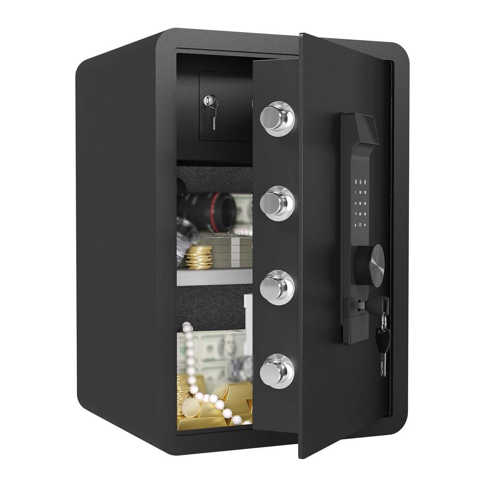 Cassaforte a prova di fuoco per casa e ufficio, serratura elettronica a combinazione in acciaio con funzione silenziosa, doppio sistema di allarme, 3 opzioni di sblocco (38 x 32 x 45 cm)