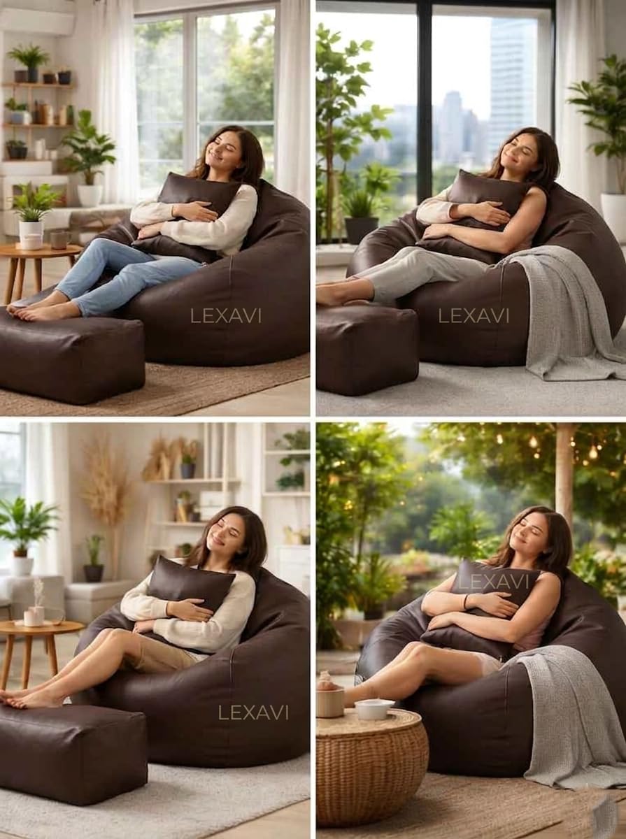 LEXAVI Brand®- 6XL PVC Faux Leather Leatherette Beanbag Cover (Without Beans)|| Bean Bag Sofa Chair Cover Only|| Jumbo Large Bean Bag Chair with Footrest & Cushion Cover | 1 Year Warranty - Brown 2