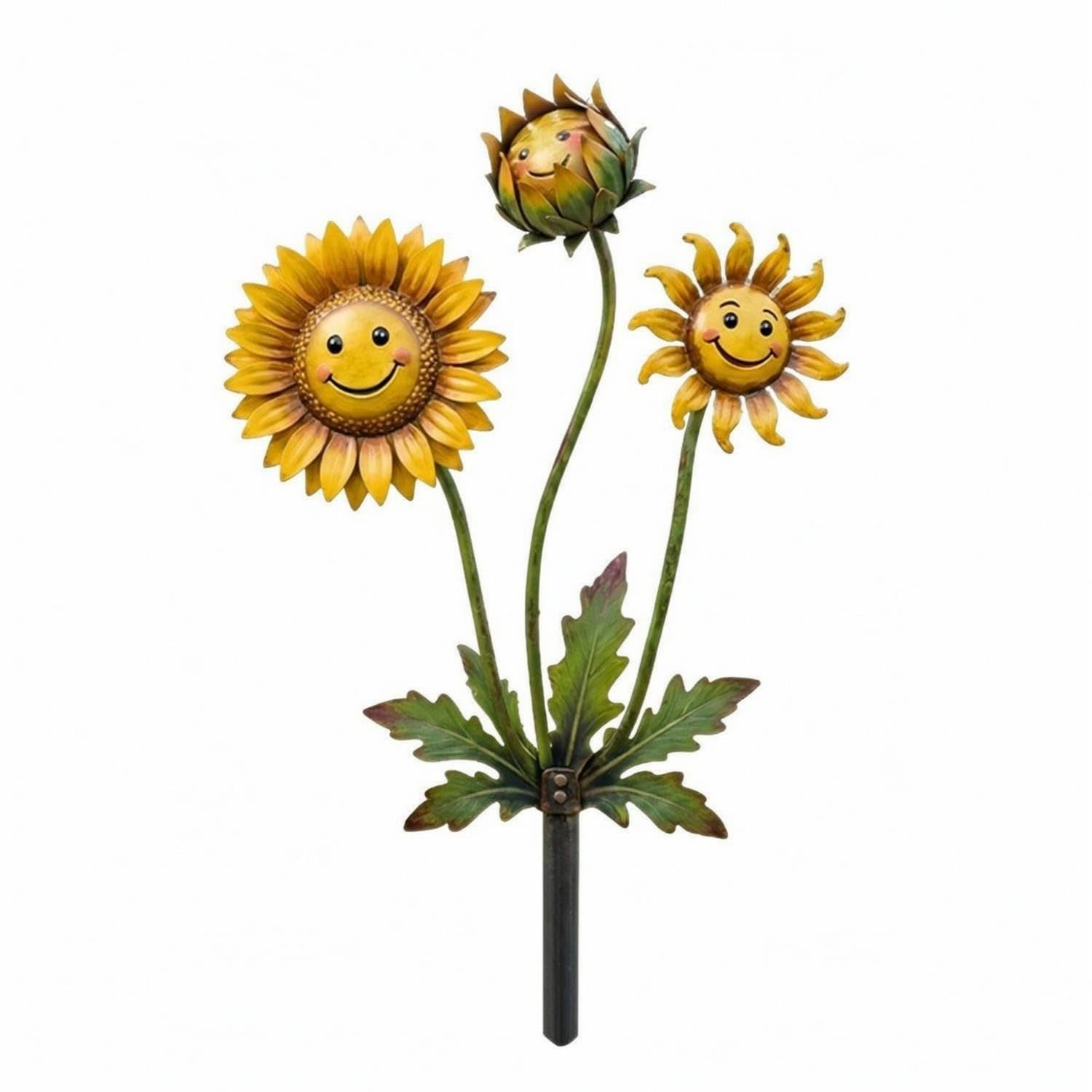 Flat Sunburst Stake with Leaves Yellow Sunburst Garden Stake Green Outdoor Ornament Smiling for Gardeners, Homeowners, Potted Plants, Smiling Sunflower-image-23