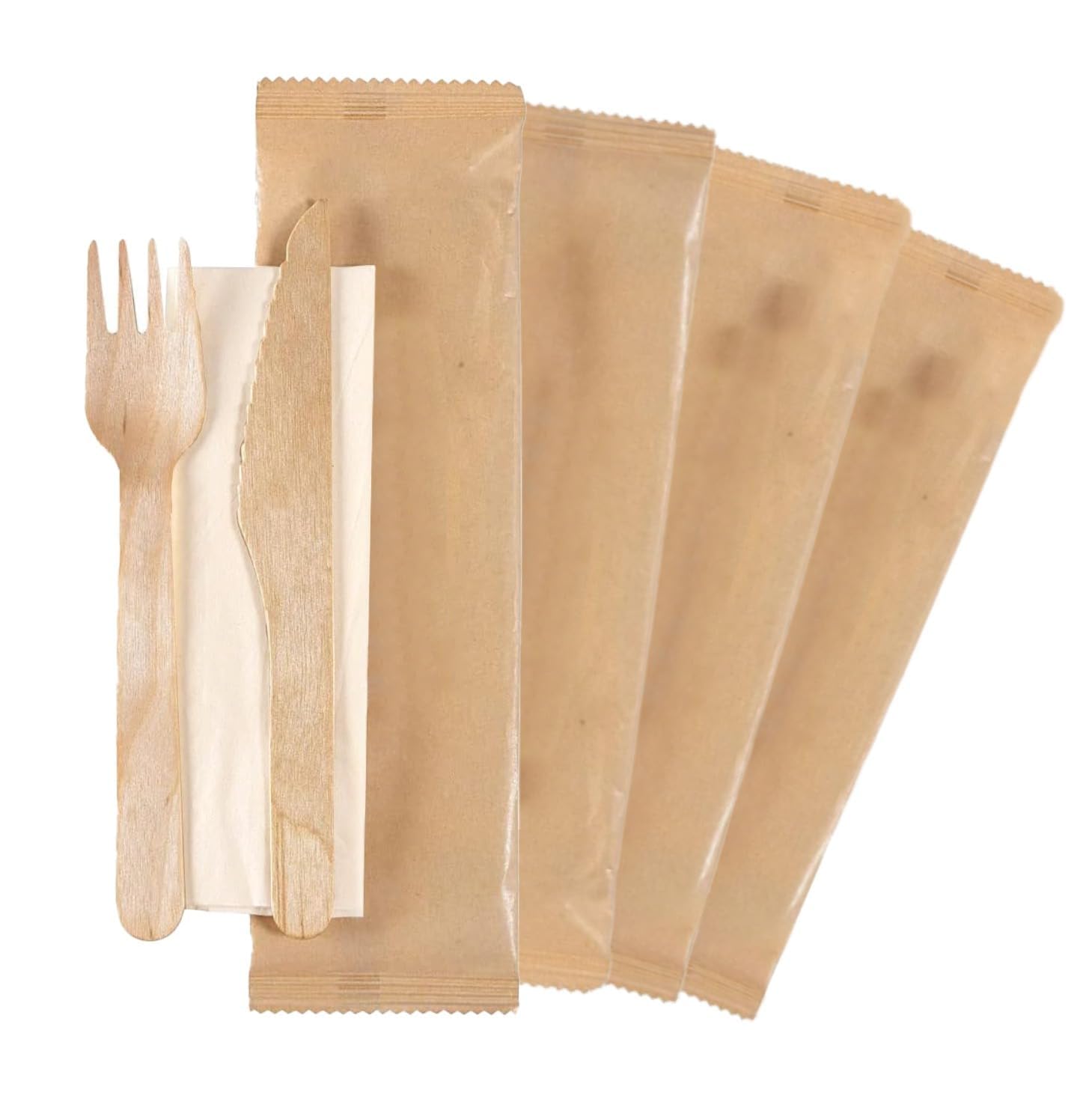 DETERMONDO 250 pezzi Set Posate Usa e Getta in Legno Imbustate Biodegradabili Compostabili con Salvietta Forchette Usa e Getta Coltelli Legno Salviette