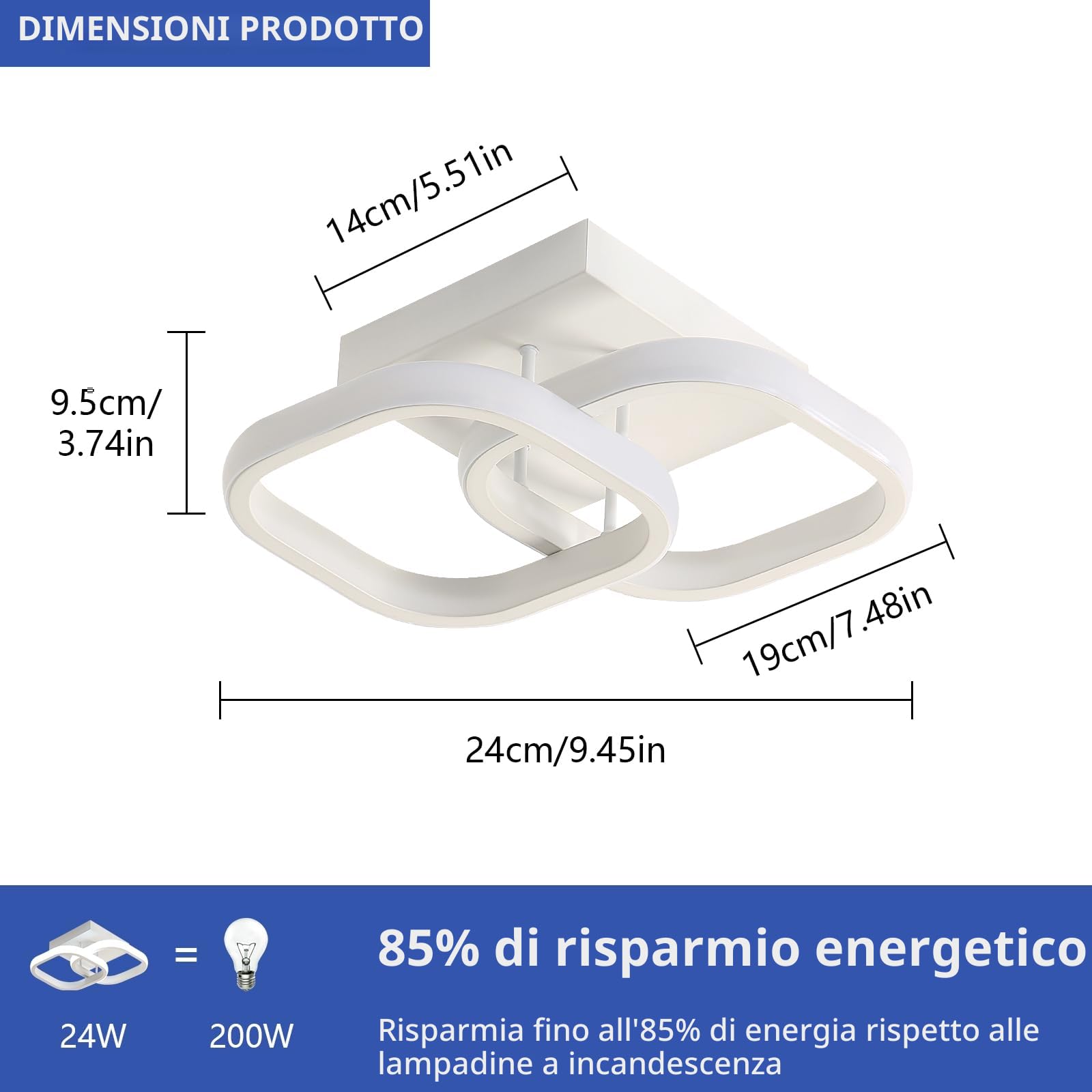 Comely - 2 Plafoniere LED quadrate da Soffitto 24W, 2700LM, con design Moderno. Luce fredda 6500K, adatta ad ogni ambiente come: soggiorno, cucina, bagno, camera da Letto o corridoio, Bianco, 24cm.