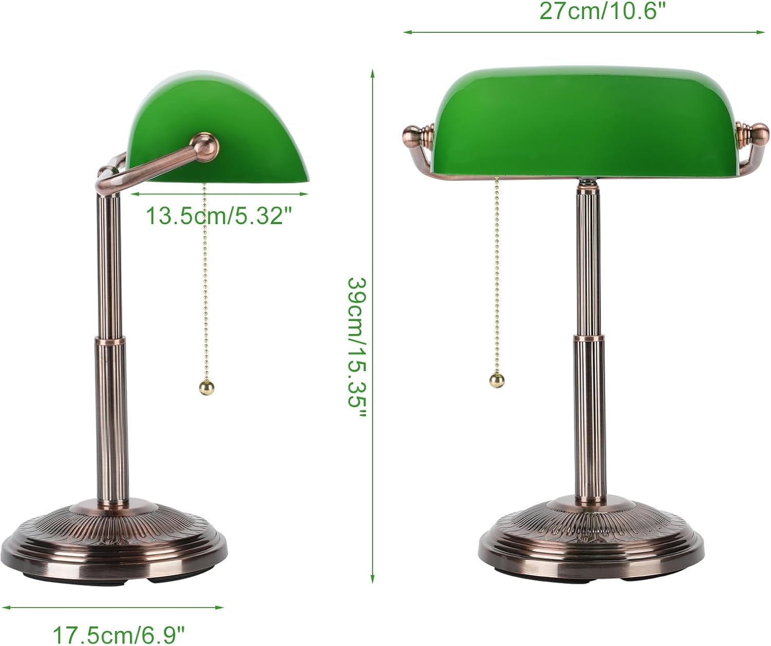 LINNMON Bankers Desk Lamp, Green Retro Lamp, Vintage Lamp with Pull Chain Switch for Home Office (Copper+Green)