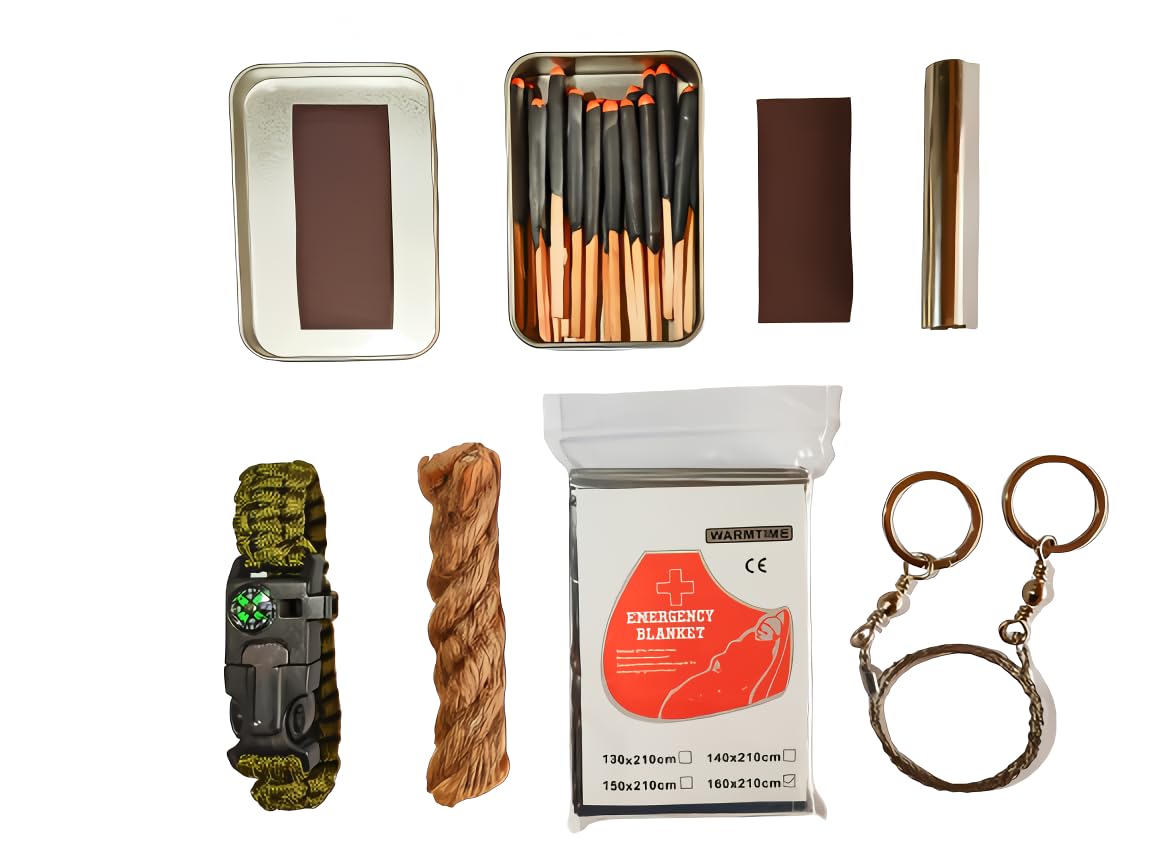 Emergency Fire Starter Waterproof Windproof Stromproof Relit Submerged Matches Wax Infused Natural Jute Cord Emergecy Blanket Waist Bag for Camping Storm Hiking Bushcraft (kit Without Waist Bag)