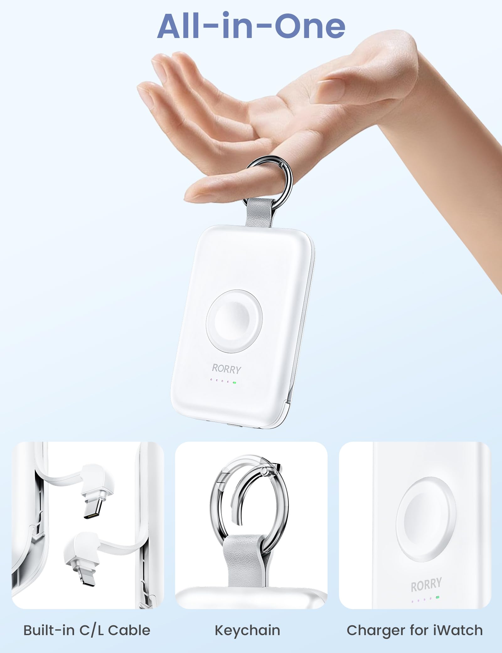 RORRY Portable Charger, 10000mAh PD 20W Fast Charging Portable Charger Power Bank with Built in Cables, Travel Battery Pack for iPhone 15/14/13/12/11 and Apple Watch Ultra/9/8/7/6/5/4/3/2, White