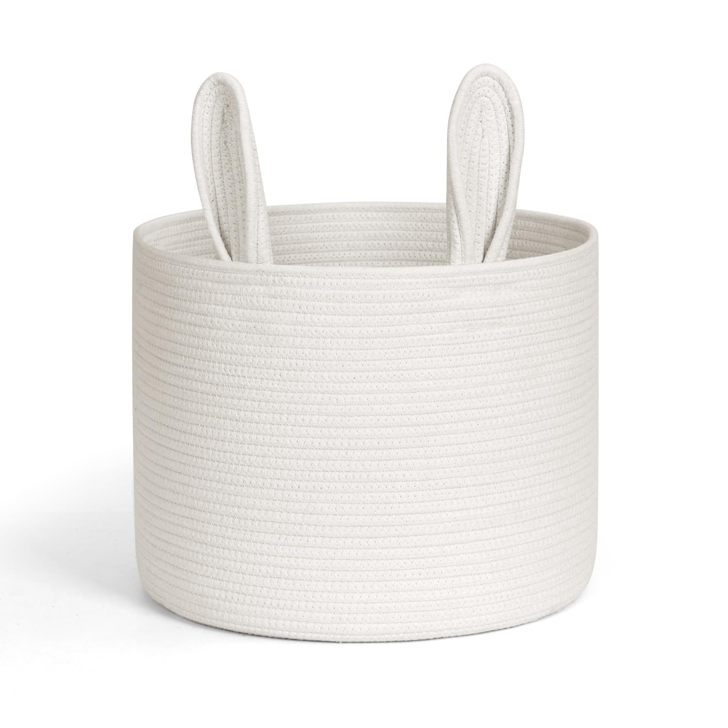 ORGMASTER Cotton Rope Basket 15”x15”x18” Large Storage Basket Bin Foldable Laundry Basket Clothes Hamper with Handle Cute Bunny Ears Organizer Woven Storage Baskets for Living Room, 52L, White