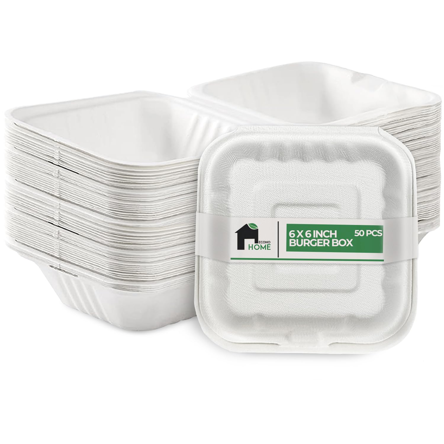 EconoHome 6 Inch Compostable Clam Shell Burger Box [50-Pack] - Eco-Conscious Disposable Container Made of Bagasse or Sugarcane Fiber - Microwave, Refrigerator-Safe - Heavy Duty Takeout to go Box