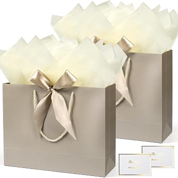 Gift Bags, 13 Large Gift Bags with Tissue Paper Greeting Card, 2PCS Portable Birthday Gift Bag Set, Champagne Gold Present Bags for Birthday Party Favor Wedding Baby Shower Mothers Day, 13x10x4inch
