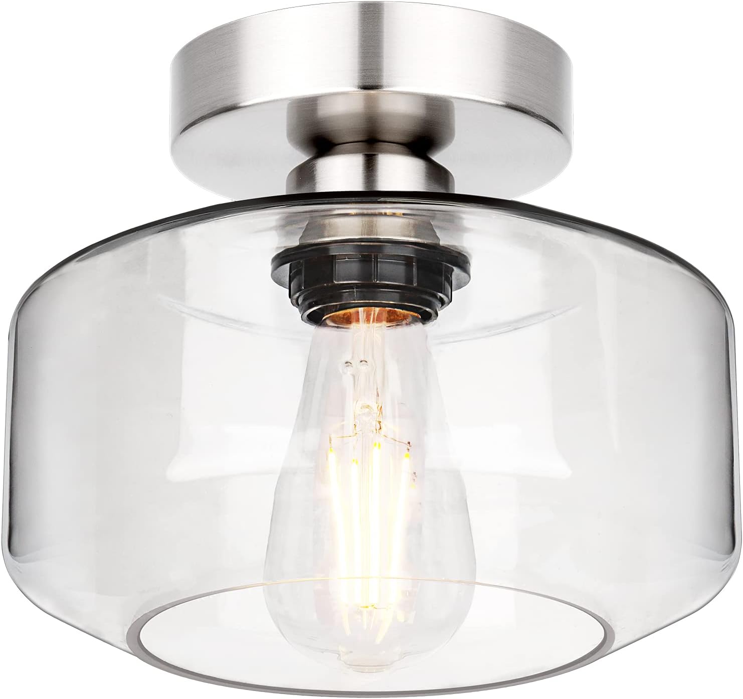 Industrial Semi Flush Mount Ceiling Light Brushed Nickel, 900 Lumen LED Bulb Included, Clear Glass Shade Ceiling Light Fixture, Farmhouse Light Fixture for Hallway Corridor Kitchen Bathroom Bedroom