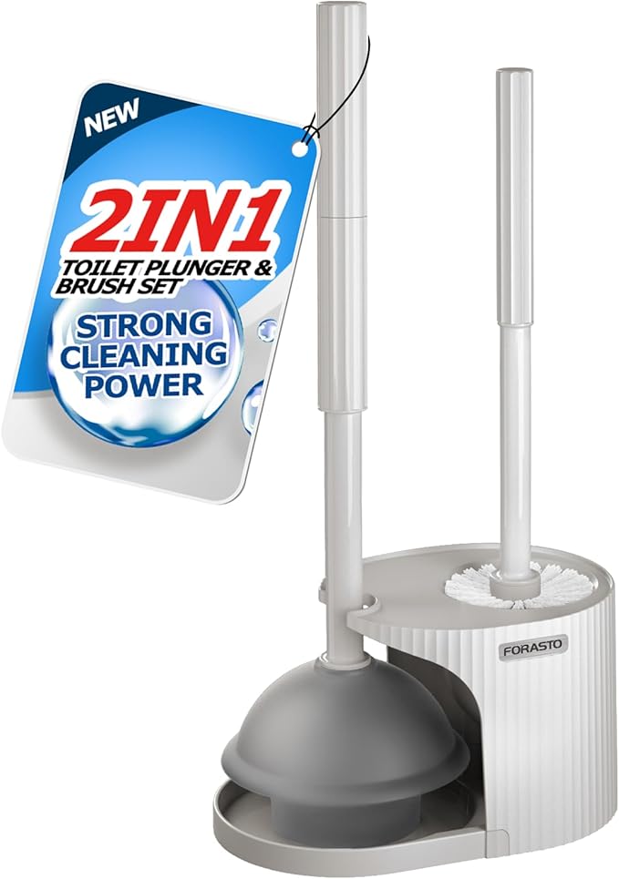 FORASTO 2 in 1 Toilet Plunger and Brush Set,Extended Handle Plunger,Toilet Bowl Brush Plunger Set,Bathroom Cleaning Tools,Toilet Bowl Brush and Holder,Cleaning Supplies,Bathroom Acessories,White