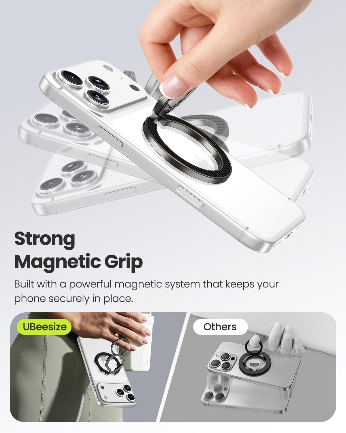 UBeesize Magnetic Phone Ring Holder for MagSafe, Double-Sided Magnet Cell Phone Grip, Portable Finger Kickstand Compatible with iPhone 17 16 15 14 13 12 Series and Android Phones