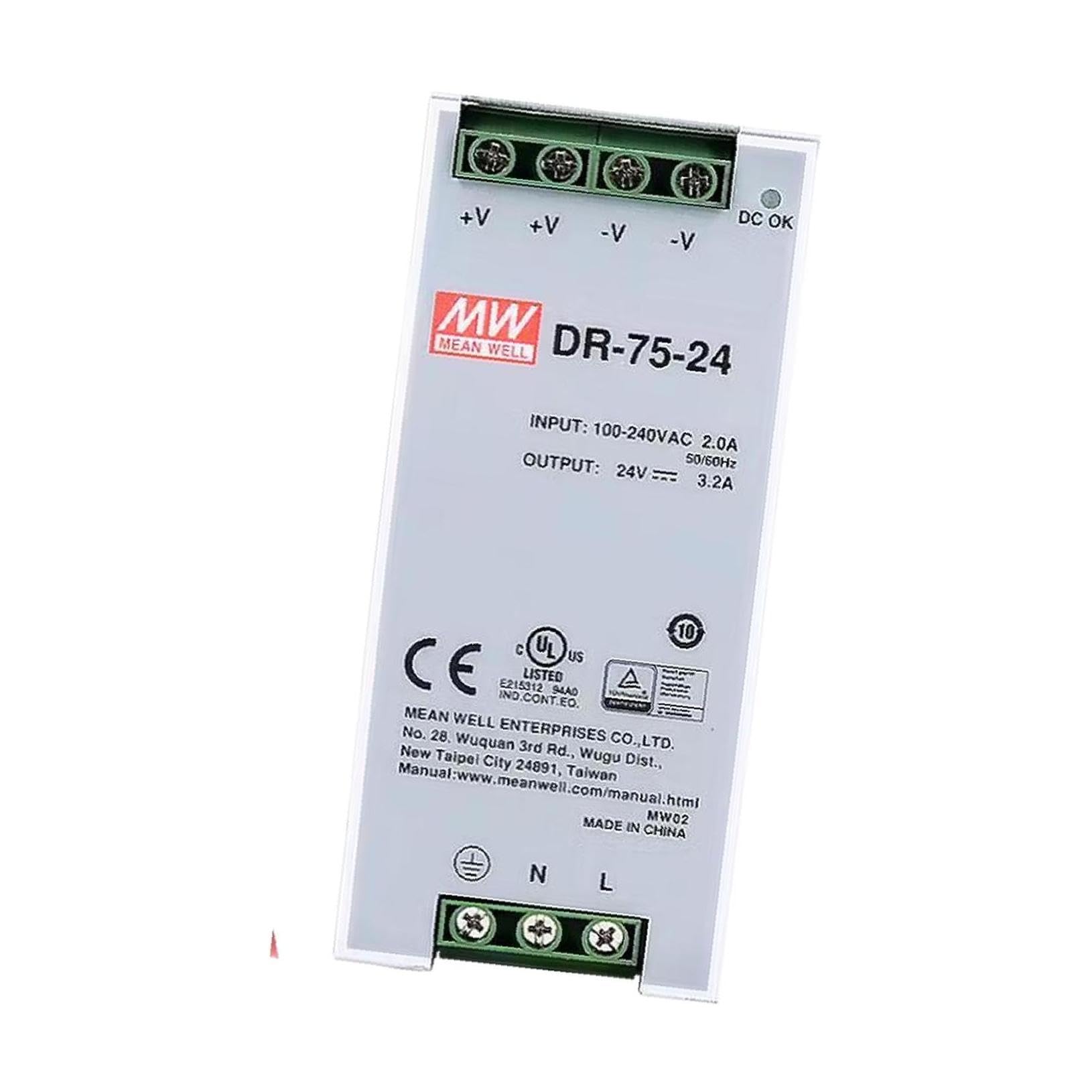 Mean Well DR-75-24 AC to DC DIN-Rail Switching Power Supply, 24VDC, 3.2A, 75W, 3.9