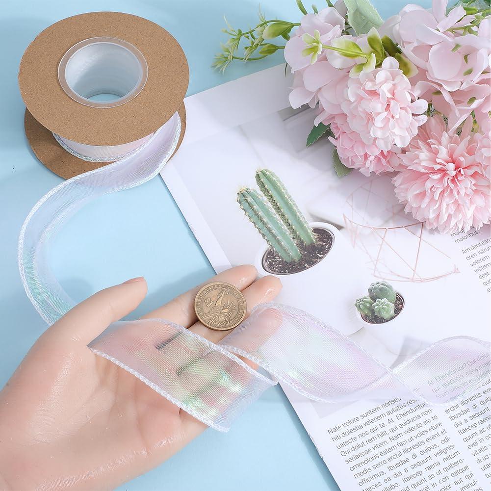 GORGECRAFT 9m Organza Ribbon 4cm Wide Sheer Wired Shimmer Tulle Edge Ribbon Decorative White Fabric for Gift Wrapping Wedding Invitations Floral Bouquet Gift Basket Bows Cake Decor Crafts - Image 3