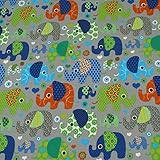 Breite: ca. 150cm Jersey Elefanten, Kinderstoff, grau/bunt (25cm x 150cm)
