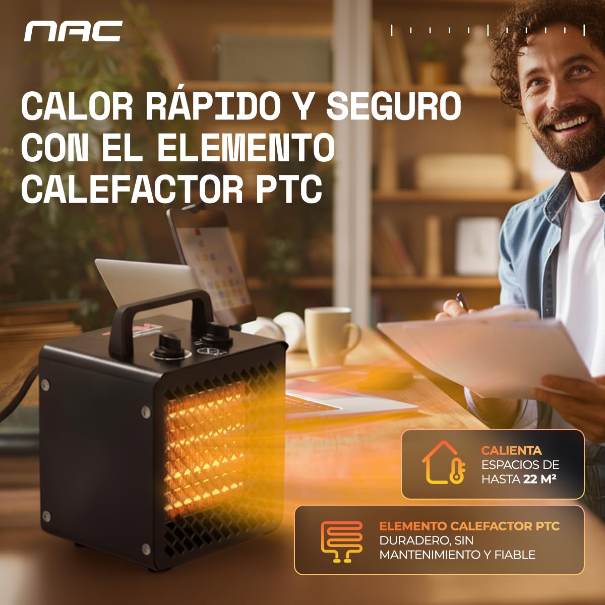 NAC Calefactor Ceramico Electrico 2000W - Calentador Electrico con 3 Niveles de Calefacción - Calefactor Portatil Industrial con Termostato, Cañon de Calor - Heater Electric para Garaje Taller Obra