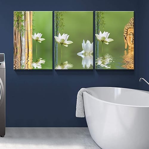 Miniatura 3 de Denozer - Lienzo decorativo para pared de 3 piezas - Naturaleza muerta con bambú de loto blanco y estatua de Buda - Arte moderno para el hogar