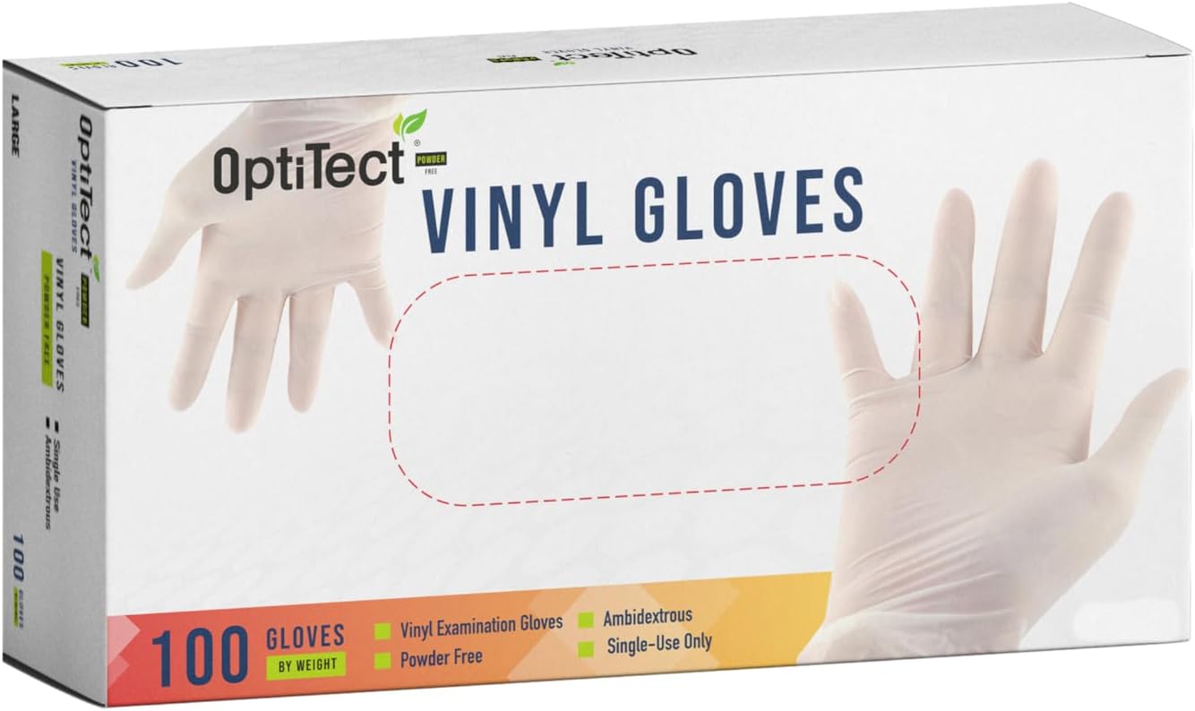 Optitect Disposable Vinyl Gloves M,Powder Free, Non Sterile,Latex Free Rubber,100 Count,Food Safe