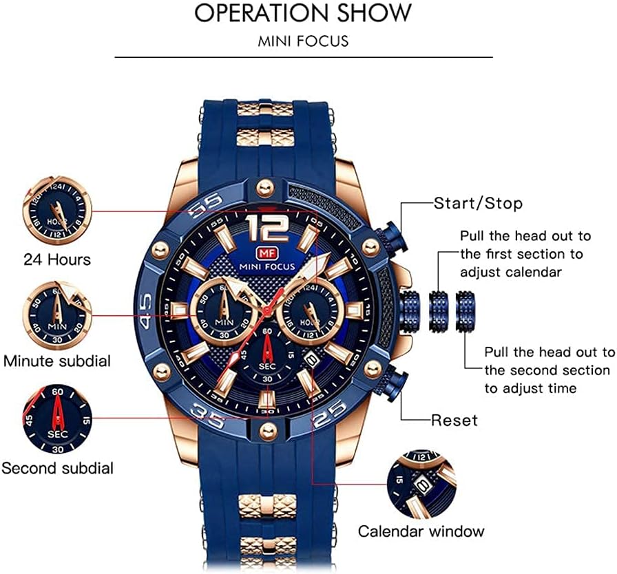 MF MINI FOCUS Men Watch, Chronograph Waterproof Sport Analog Quartz Watches Blue Silicon Strap Fashion Wristwatch for Men - Image 5