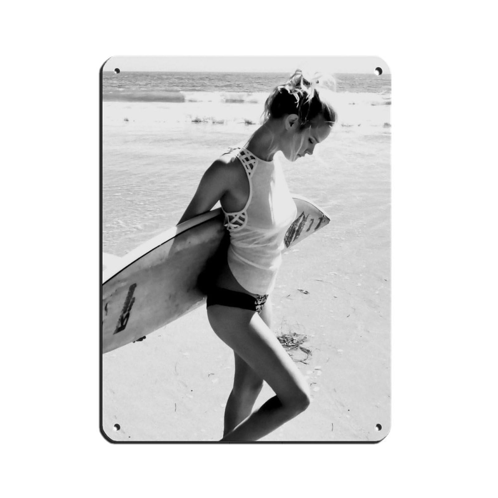 Surfer Girl, Black And White, Vintage Surf Poster Tin Sign Vintage Metal Pub Club Cafe Bar Home Wall Art Decoration Poster Retro 12x16inch(30x40cm)
