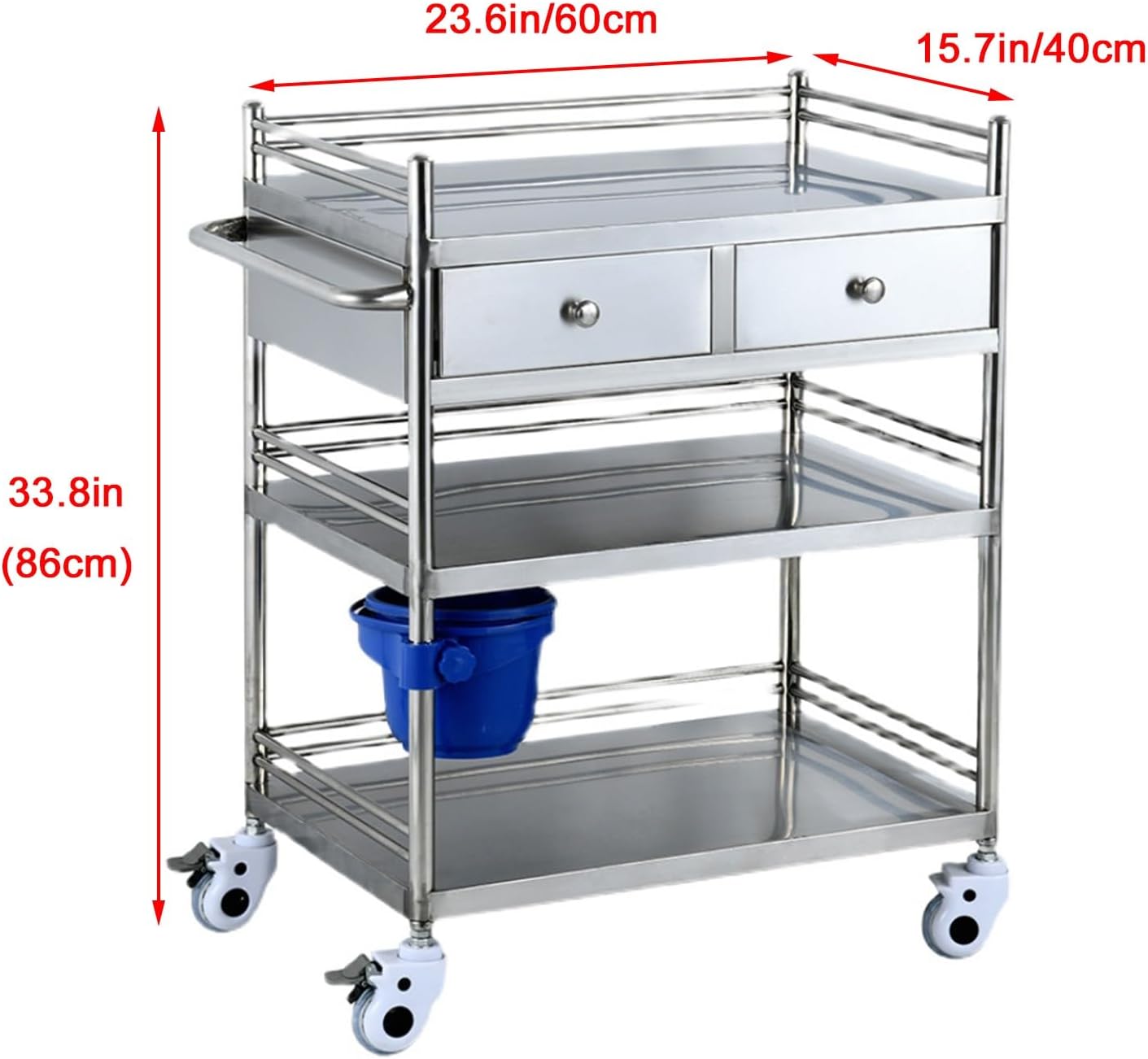 Lab Utility Cart, 440 Lbs Weight Capacity Rolling Lab Cart, 2 Drawers Rolling Lab Cart Serving Cart with 360° Casters for Laboratory Hospital Dental Office Salon Beauty, Triple Layer-60 * 40 * 86cm