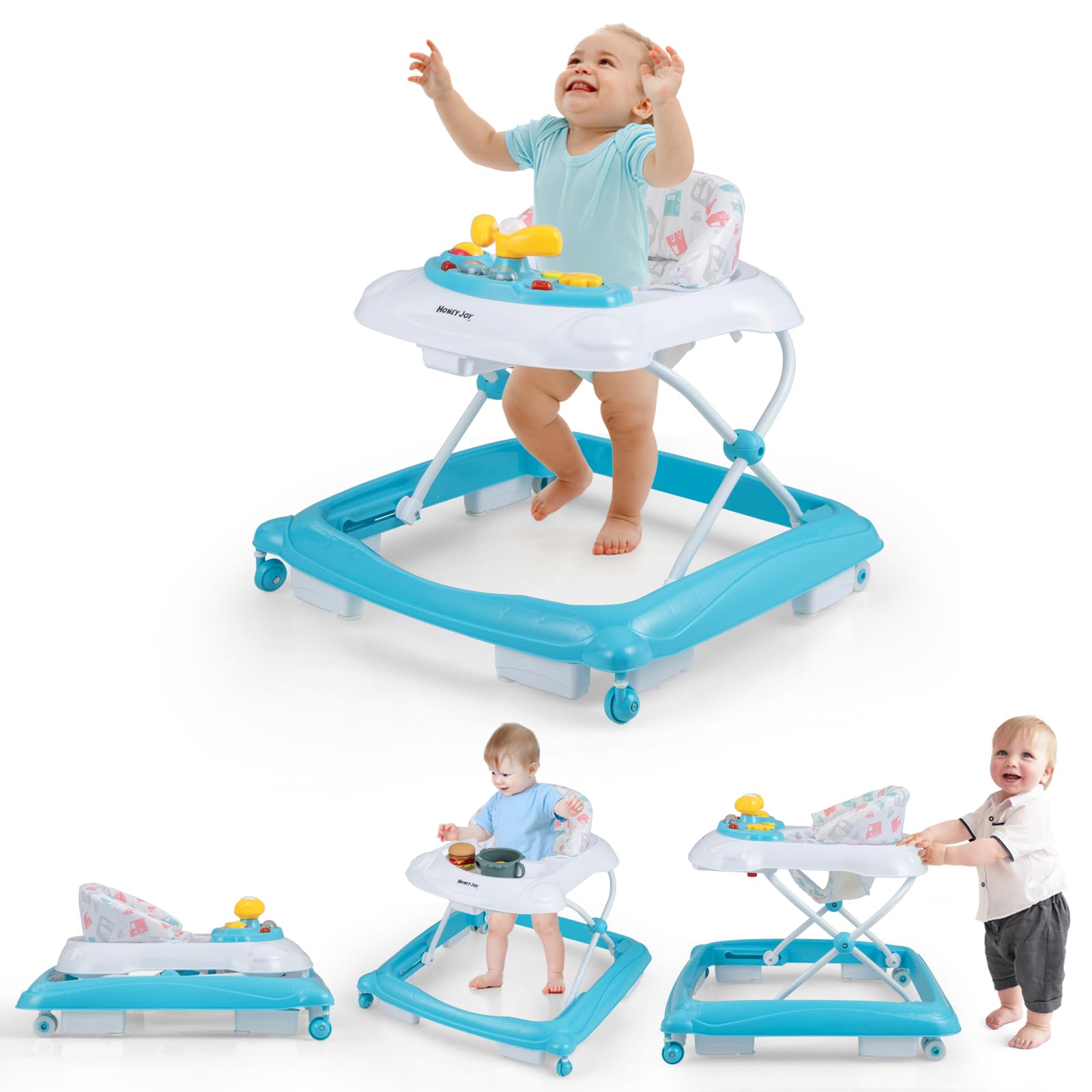 Andador para bebé HONEY JOY 5 en 1 con ruedas, música, cojín extraíble, plegable, antivuelco, para bebés de 7 a 14 meses, color verde