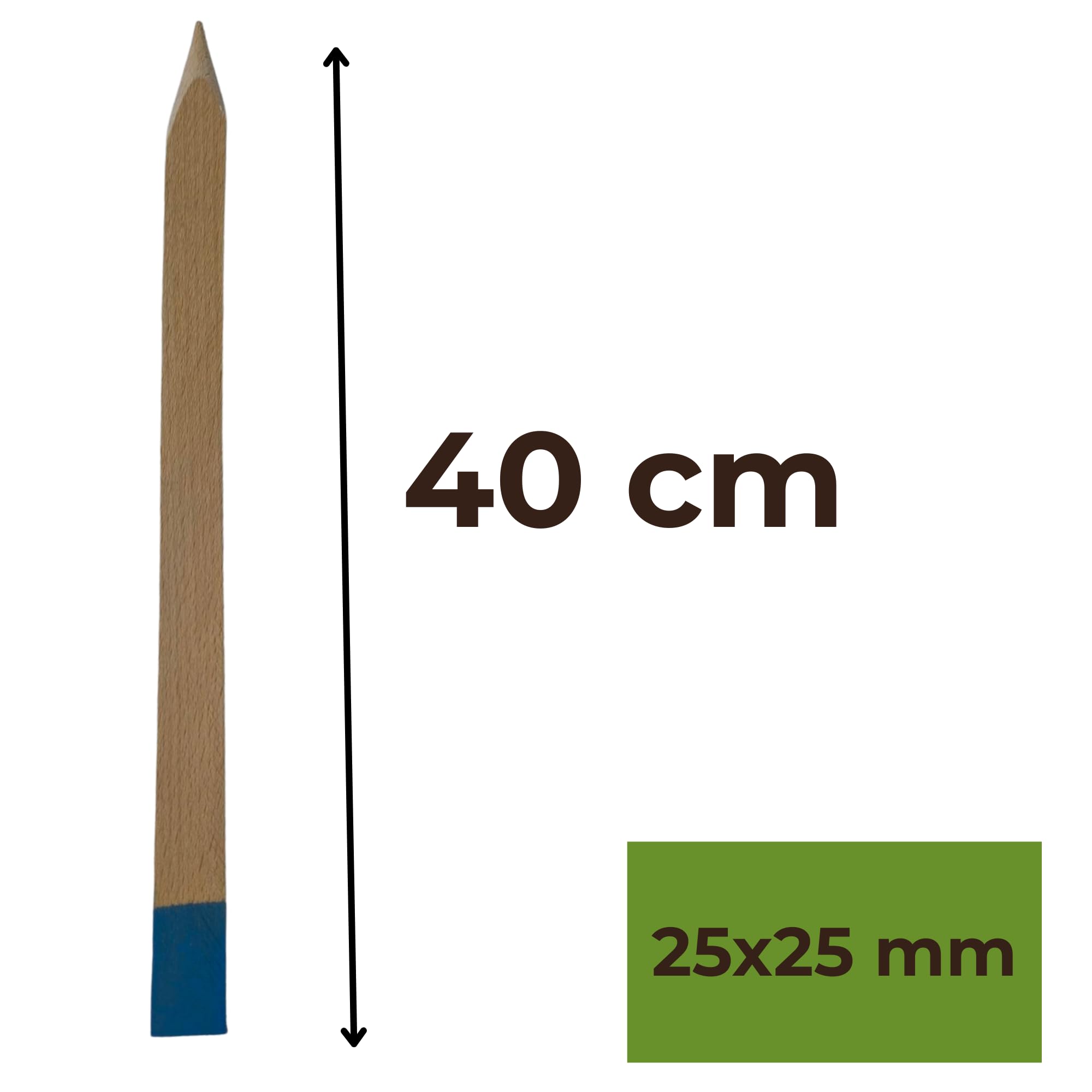 100 Stück Holzpfähle aus Buche Blau Lackierter Spitze Quadratisch Längen 40 cm Markierungspfosten Holz Robuste Holzpflöcke Pflanzstäbe Zaunpfosten Vermessungspfosten 25 mm x 25 mm