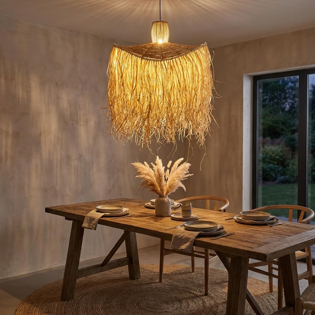 Alpinaluz Lámpara Colgante Rafia Natural D60 cm E27 con Flecos | Cable ajustable 130 cm, estilo boho mediterráneo y pantalla artesanal para salón, comedor o dormitorio