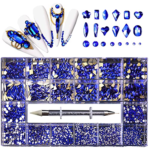 Topretty 600 Diamonds +2500 Flat Nail Rhinestones Kit, 3D Diamonds Nails Decoration,Non-Hotfix Flatback Nail Crystals,Professional Nail Jewels Beads,Mixed Shape DIY Nail Gems Art with Picking Pen-Blue