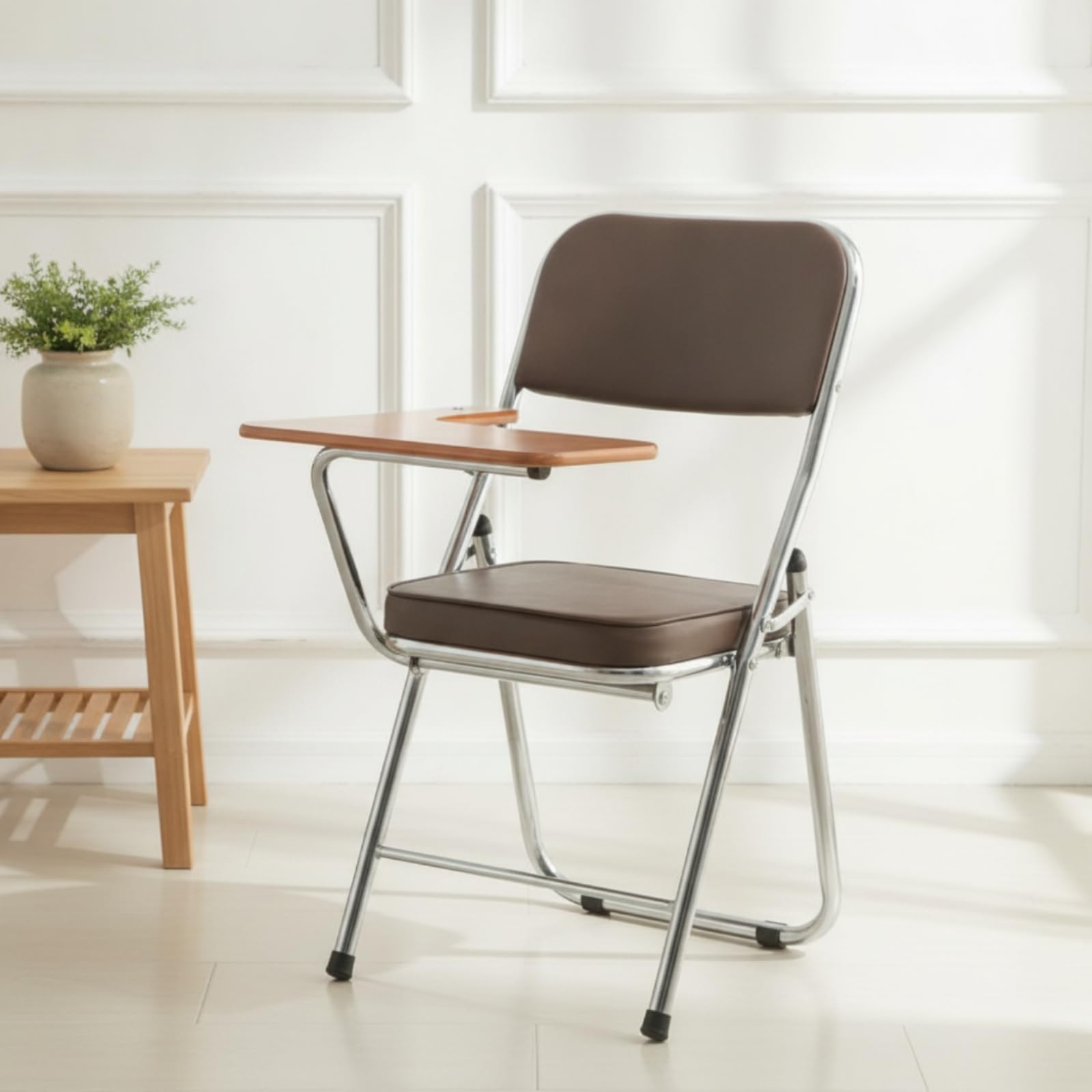 Plegable Estudio con Banja Abatible para, Plegable, con Tablero De Escritura, Asiento Y Respaldo Marrones, Estructura Cromada, Diseño Cómodo