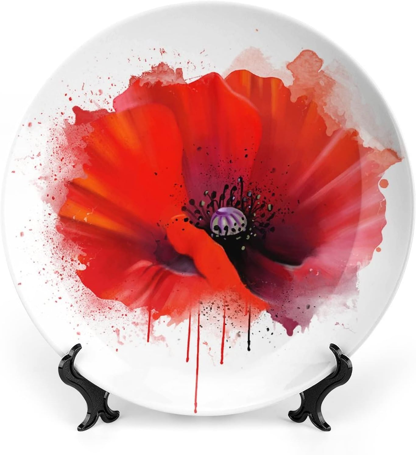 XISUNYA 8 Inch Decorative Plate, Red Poppy Tableware Plate, Poppy on White Background Print Ornament Display Plate for Dining Table Setting, Wedding Reception Decorations, Christmas Tablescape, Red