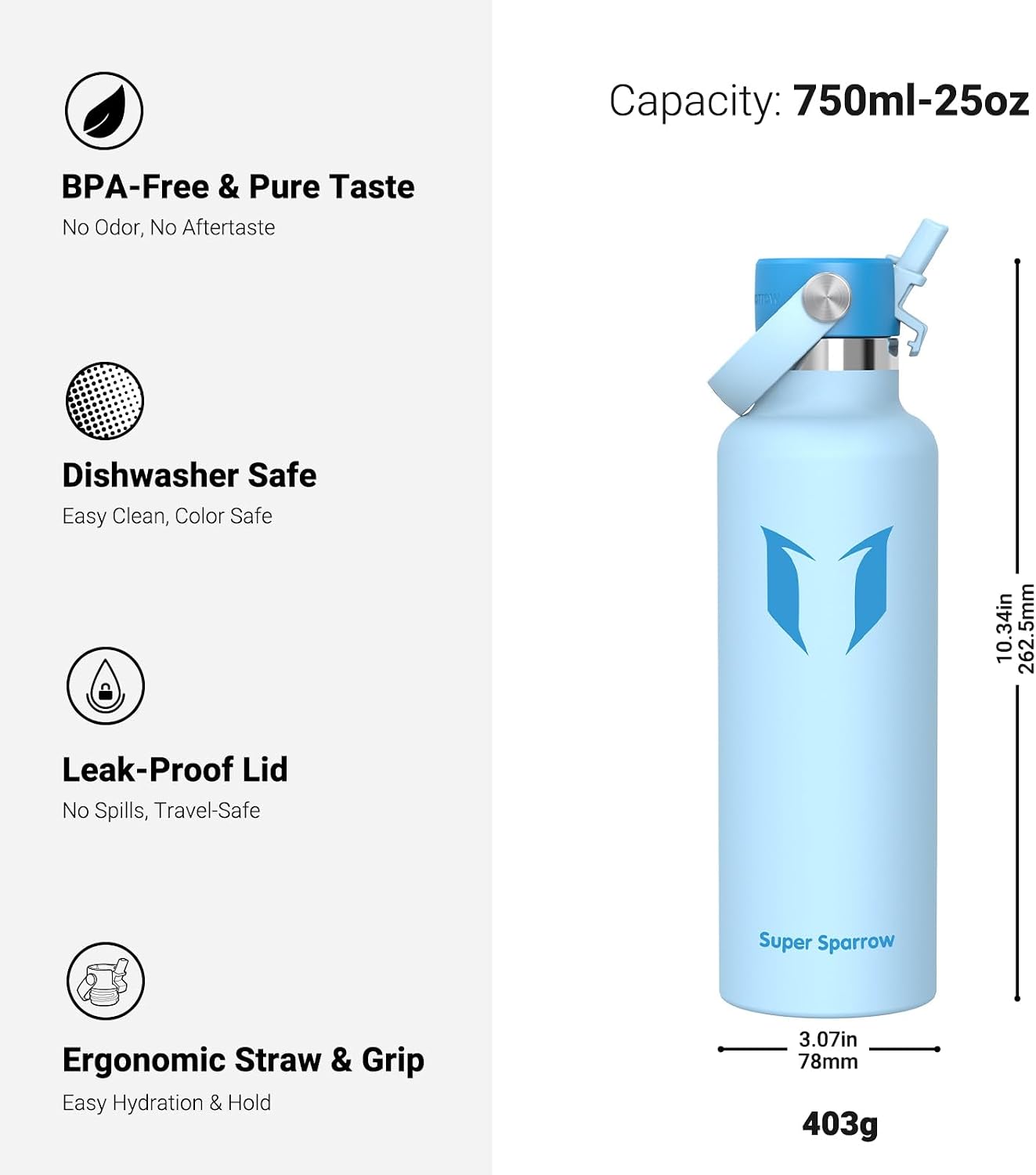 Super Sparrow Insulated Water Bottle - 17 Oz / 25 Oz / 34 Oz - Standard Mouth FlipFlow Flask - BPA Free, Leak Proof Drink Bottle- Ergonomic Straw Water Bottles for Work, Gym, Travel, Sports image 3
