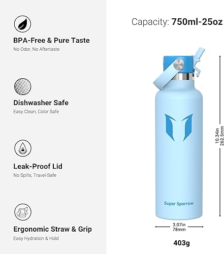 Miniatura 96 de Super Sparrow Botella de Agua Aislada - 17 Oz / 25 Oz / 34 Oz - Frasco FlipFlow de Boca Estándar - Libre de BPA, Botella a Prueba de Fugas - azul
