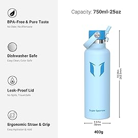 Super Sparrow Insulated Water Bottle - 25 Oz - Standard Mouth FlipFlow Flask - BPA Free, Leak Proof Drink Bottle- Ergonomic Straw Water Bottles for Work, Gym, Travel, Sports
