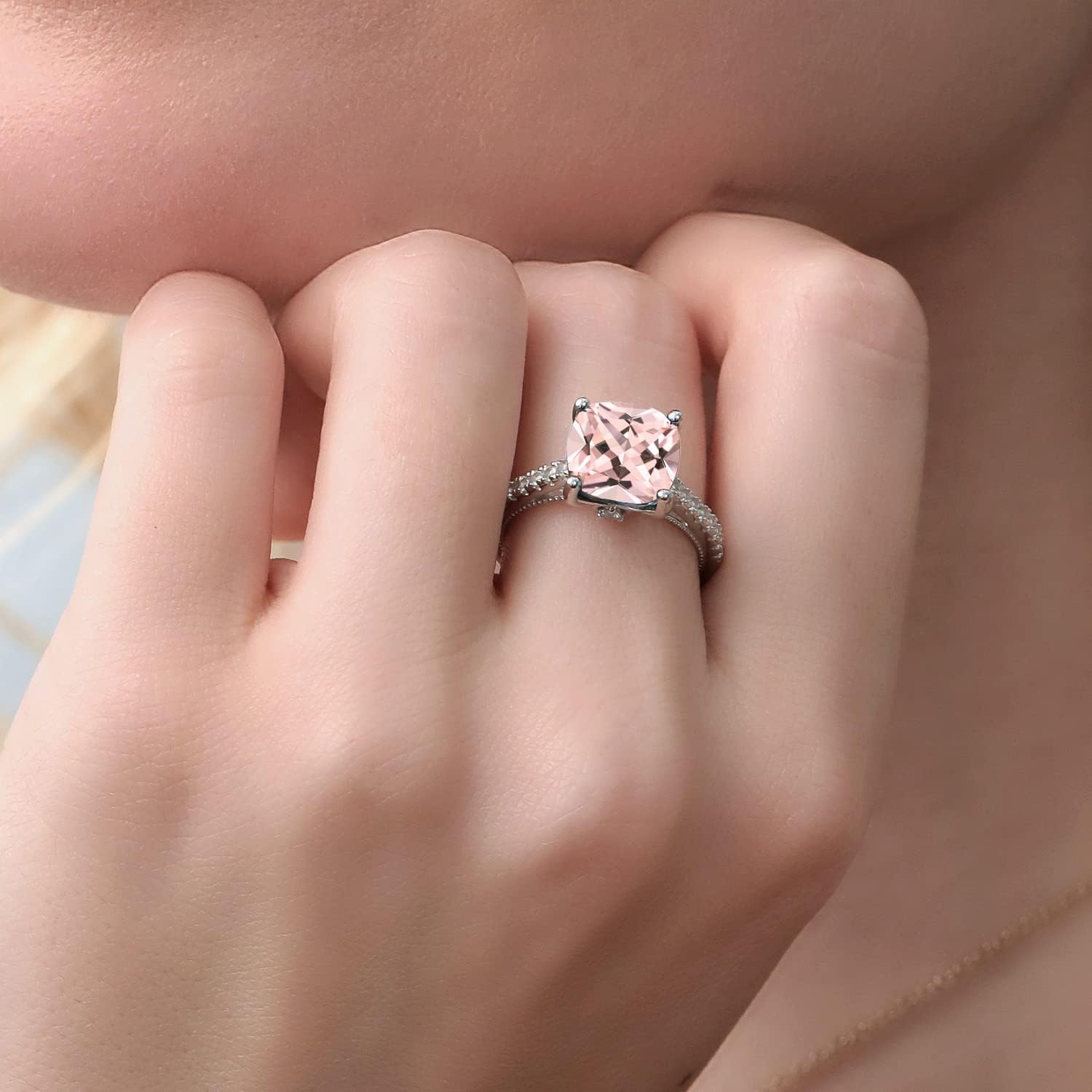Gem Stone King 4.59 Cttw Peach Simulated Morganite and White Created Sapphire Engagement Ring For Women | 925 Sterling Silver | Cushion Cut 10MM | Wedding Anniversary Promise Ring For Women - Image 6