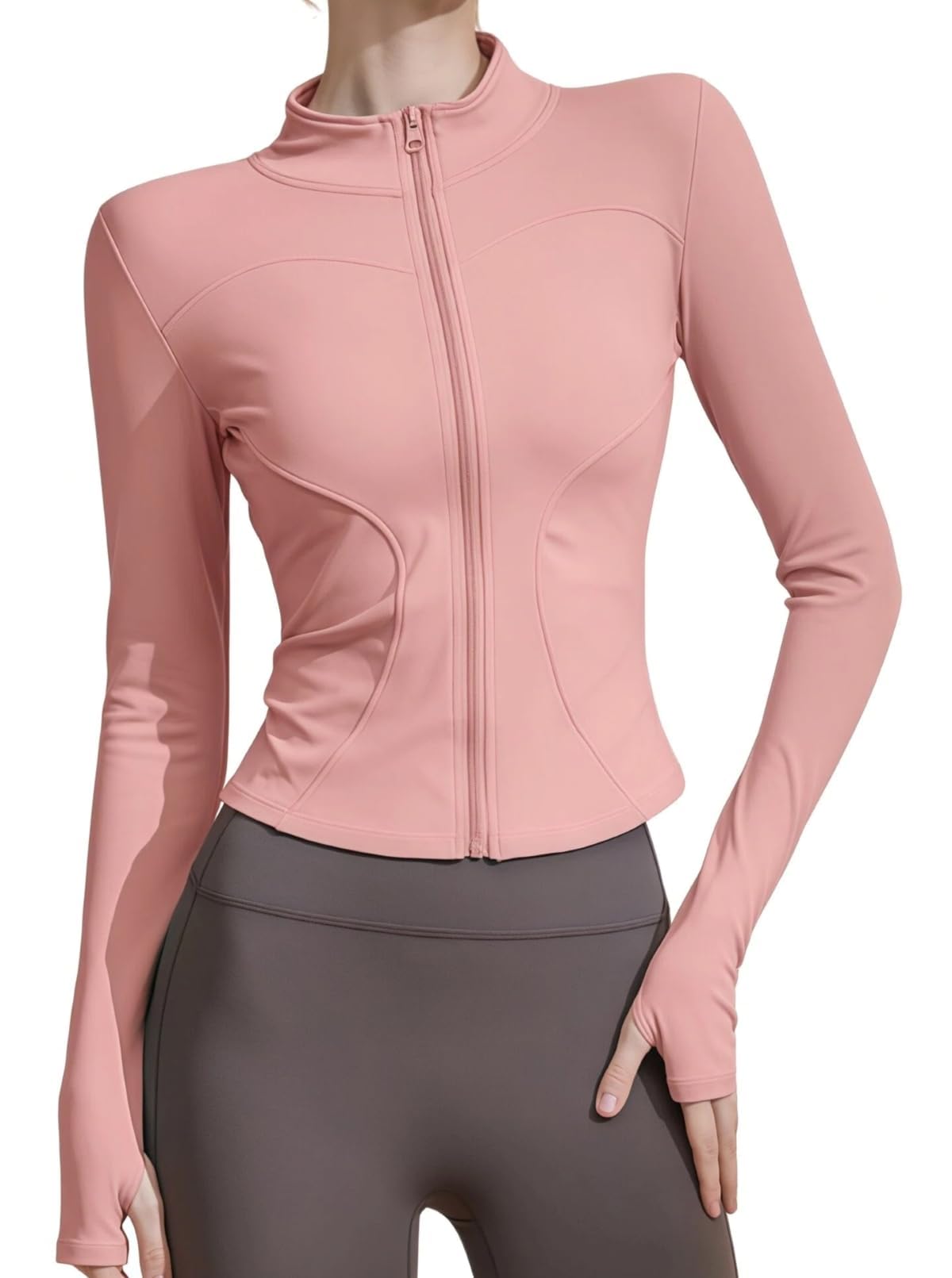 Chaquetas deportivas para mujer, con cremallera, absorben la humedad, de secado rápido, ligeras, de manga larga con agujeros para el pulgar, para yoga, gimnasio, correr