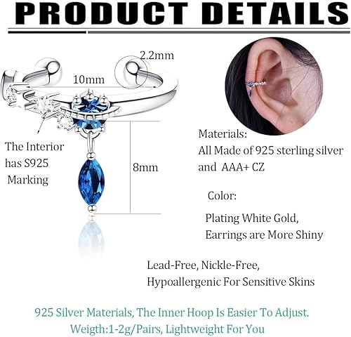 Miniatura 4 de Juego de aretes de plata de ley 925 para mujer, ajustables, sin perforación, para cartílago, con clip