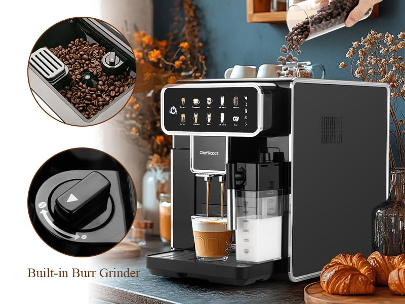 ChefRobot Kaffeevollautomat mit Touchscreen – Espressomaschine mit Milchaufschäumer, 4-stufiger Mahlgrad, 1,5 L Wassertank & Selbstreinigung – für Espresso, Cappuccino, Latte & Americano – Bild 5