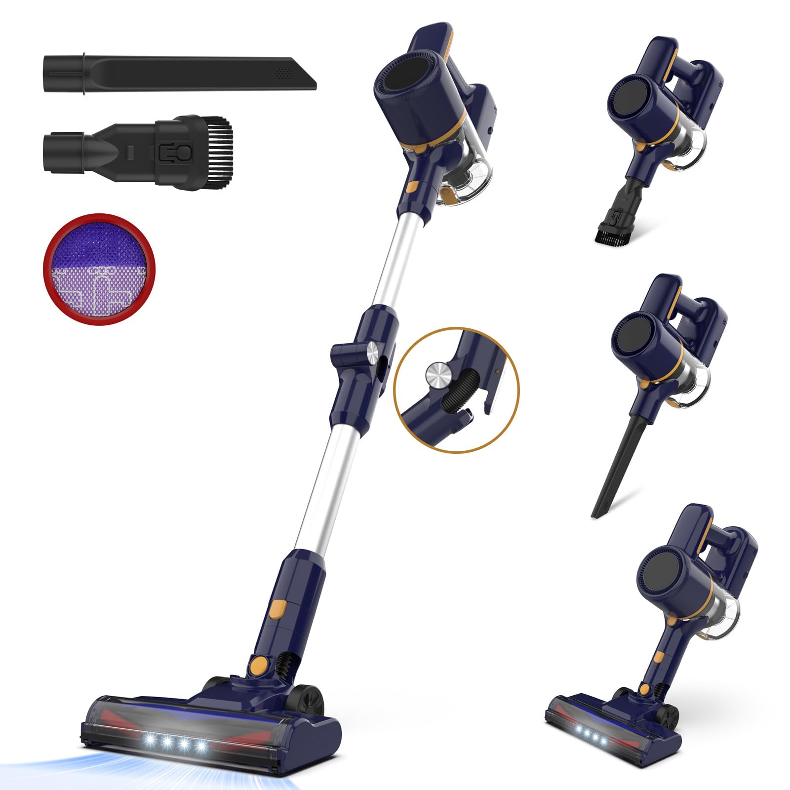 Cordless Vacuum Cleaner, Powerful Cordless Vacuum Cleaner, Foldable Vacuum Cleaner, 40 Min Autonomy, Anti-Tangle Brush, 6 in 1 Lightweight Silent Bagless Vacuum Cleaner for Hard Floor Carpet Pet Hair