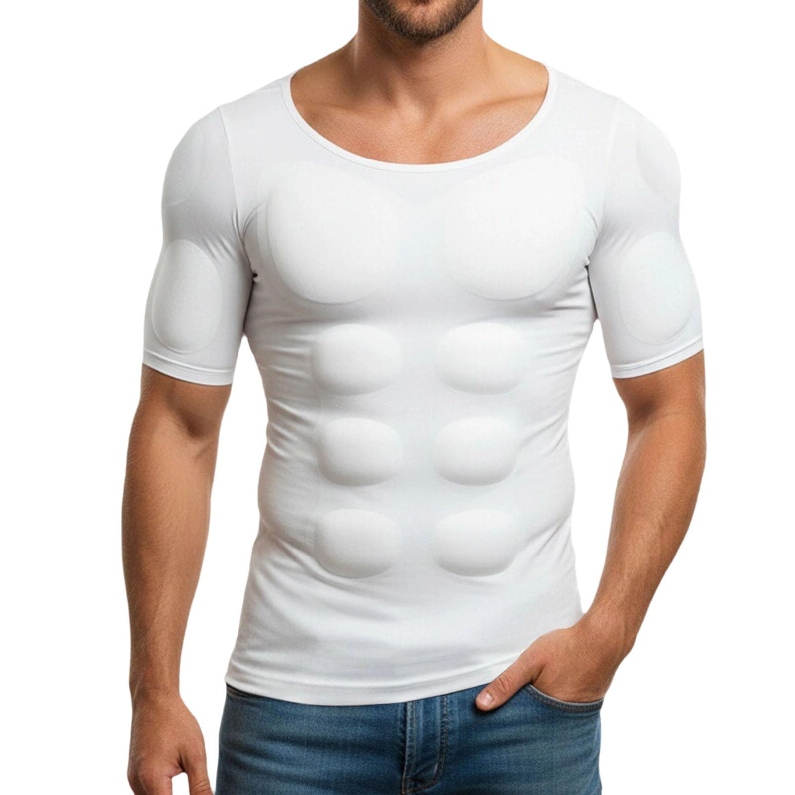 T-Shirt Men's Shaper Muscle Chest T-Shirt Padded Muscle Shirt Muscle Chest Tops Fake Belly Chest Top Cosplay Costume Bodybuilding Short Sleeve Tee Shirts Sports Running Shirt, White, S