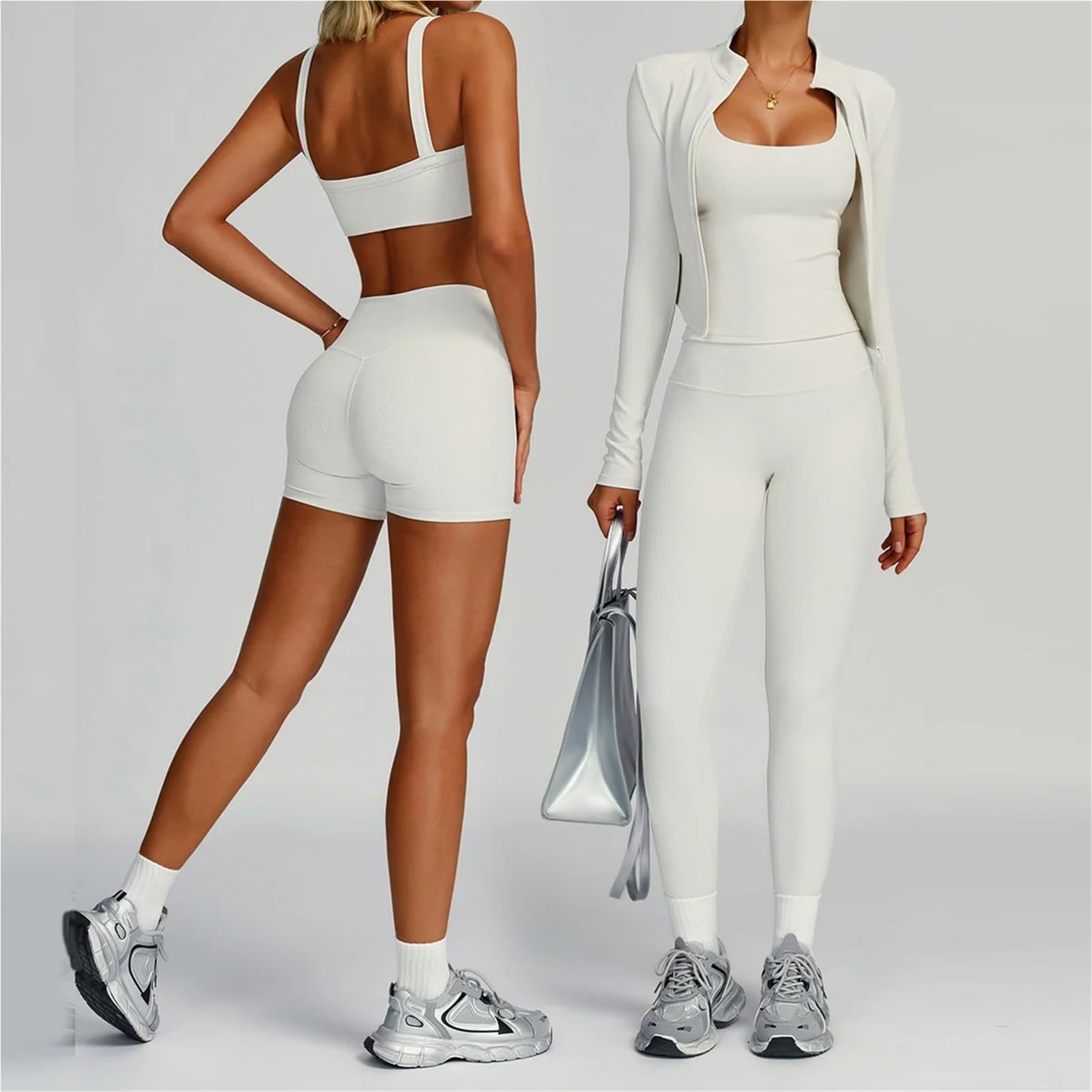 Ensemble de Vêtements de Yoga Ensemble de Yoga 2/3 pièces, vêtements Fitness à manches longues for femmes, combinaison Sport, d'entraînement, survêtement, haut court gymnastique