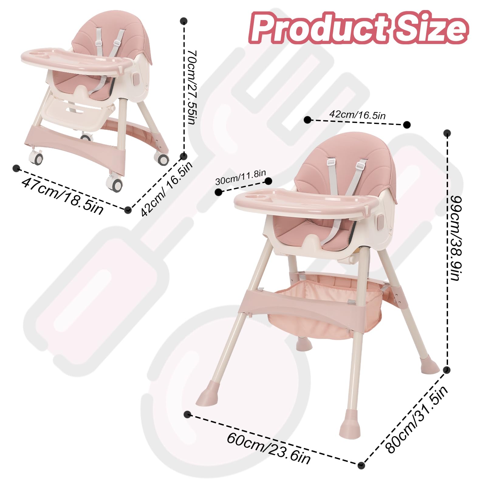 Trona Bebé Evolutiva 3 en 1, Plegable, Reclinable, Doble Bandeja Desmontable, con Ruedas Universales, 3 Respaldos Ajustables y Cinturón de Seguridad de 5 Puntos, Para Bebés a partir de 6 Meses, Rosa