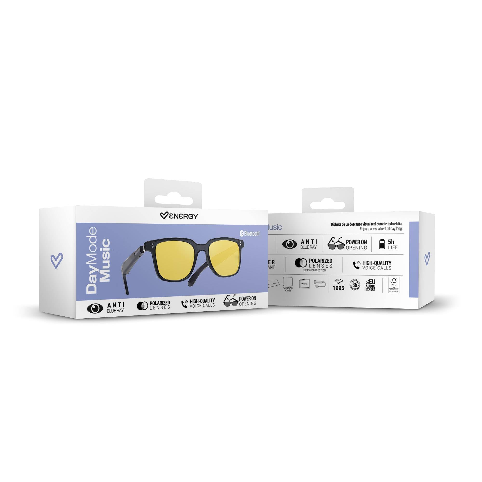 Energy Sistem Day Mode - Gafas Inteligentes Lente Amarilla/Filtro Luz Azul y UV400 / Bluetooth y Audio Open Ear/Sensor Hall Encendido Auto / IPX5 Resistente al Agua / 5h Autonomía