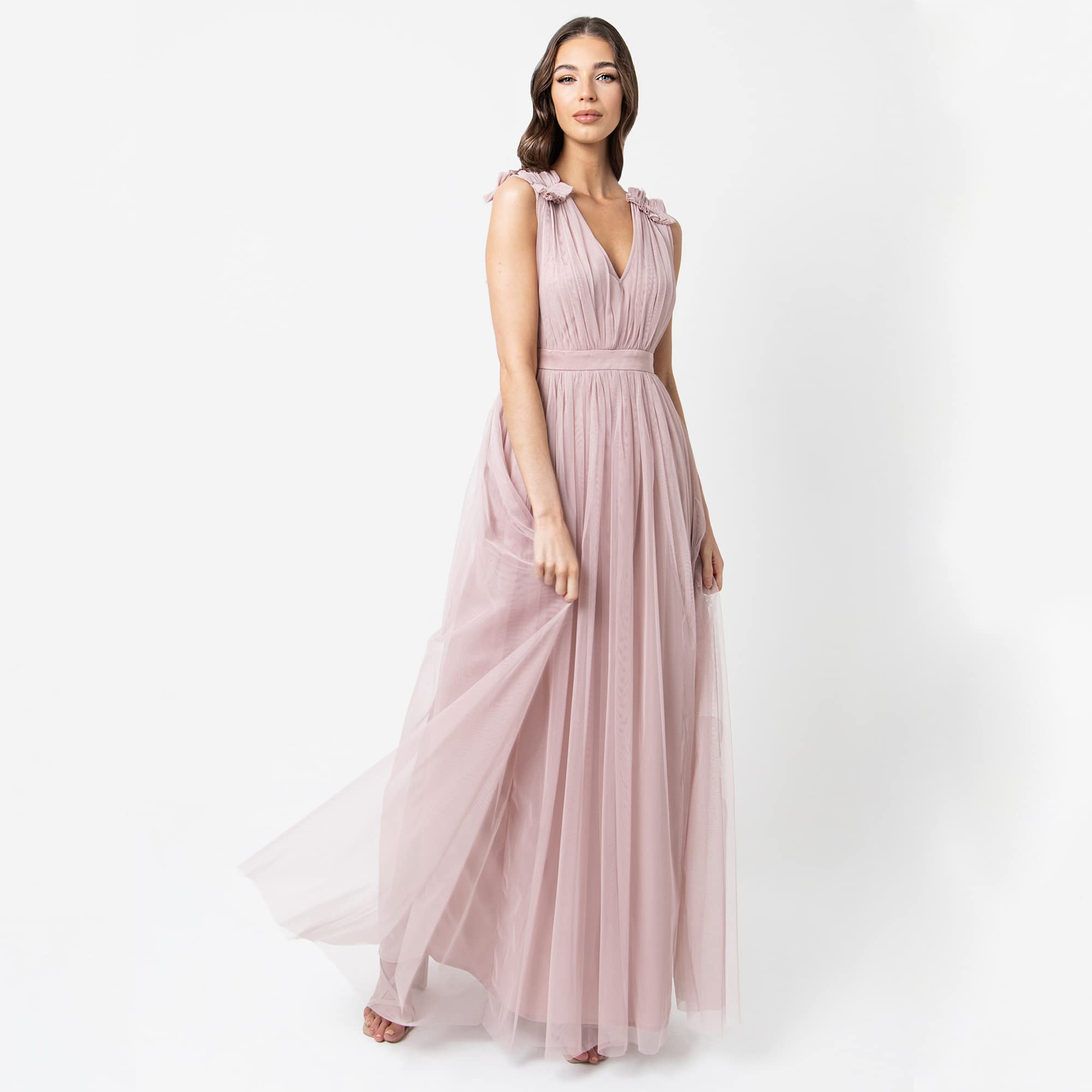 Damen Maya Deluxe Women's Maxi With Ruffle V Neck Sleeveless High Empire Waist Long Prom Guest Weddi Bridesmaid Dress – Bild 2
