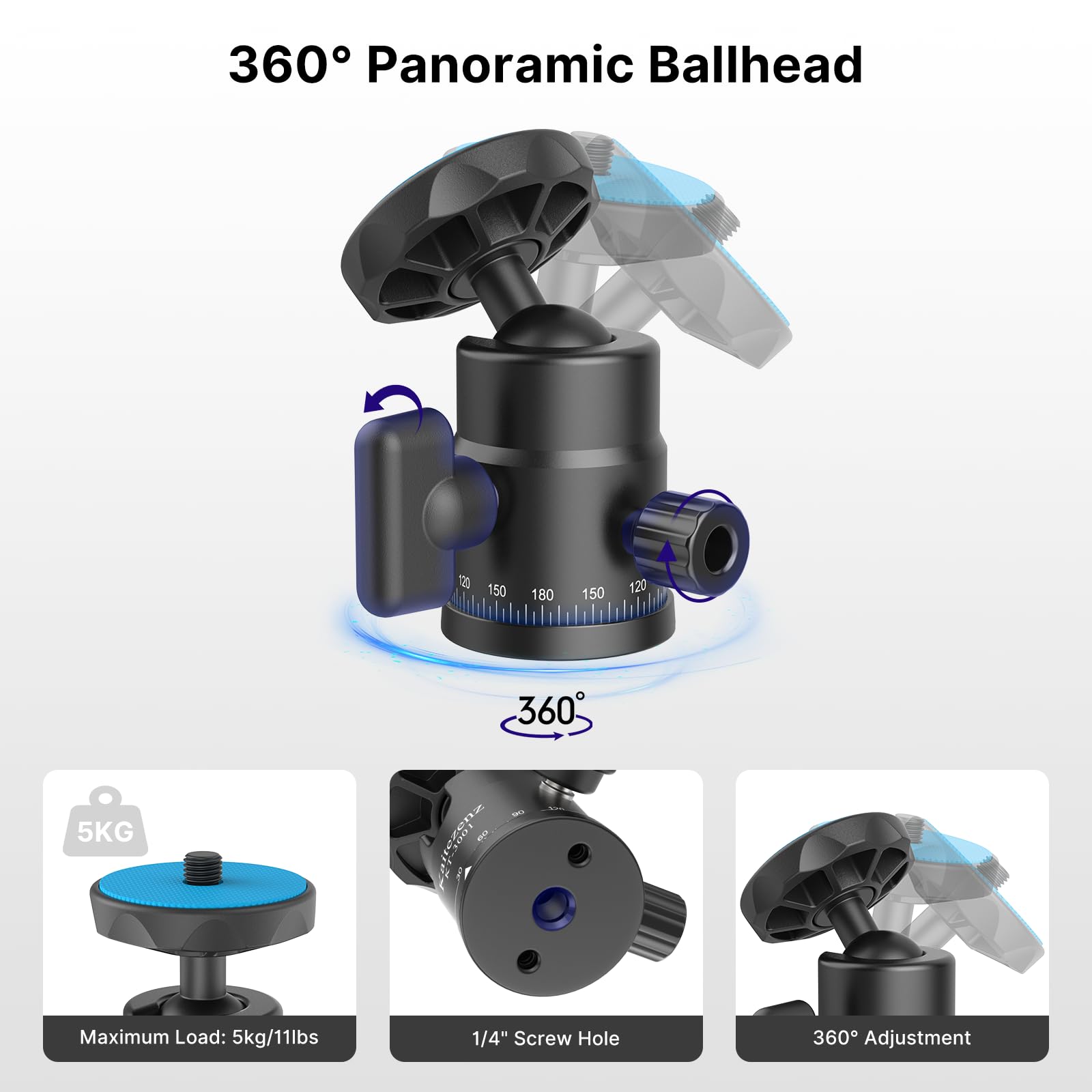 Kaitezenz Mini Ball Head, Panoramic Camera Tripod Head with 1/4" Screw and Dual Hot Shoe Mount, 360 Rotatable Metal Adapter for DSLR Camera Tripods Monopods Camcorder Light Microphone, Max Load 5.5lbs