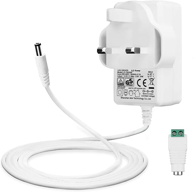 12V 2A Power Supply for LED Strips, Transformer AC 200-240V to DC 12V Driver Converter Adapter 24W with 5ft/1.5m Long Cable, UK Plug, 5.5 x 2.1mm Jack, GS TUV CE Approved