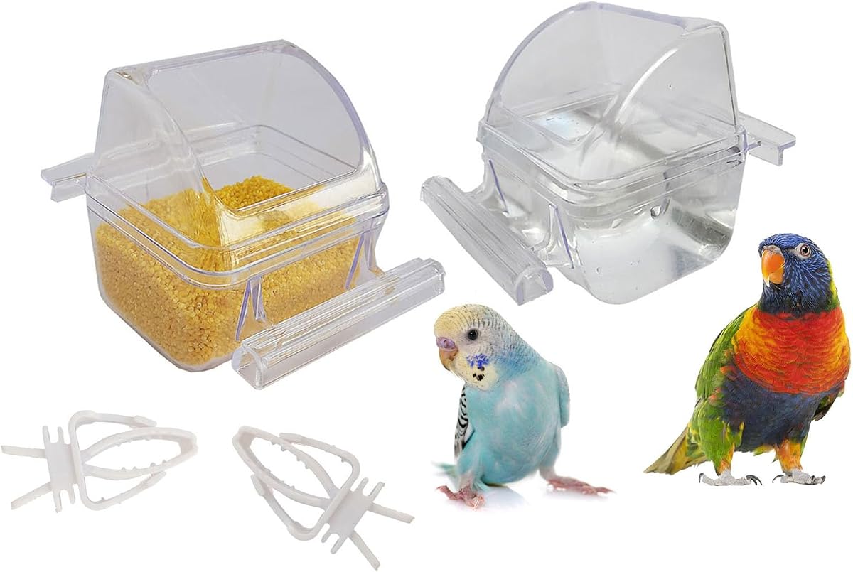 Paquete de 2 comederos para pájaros para jaula, sin ensuciar, cuenco de comida para periquitos con cubierta, dispensador de agua para loros, taza de perca, bebedero, platos para pájaros, jaula de semillas, tazas, ranura para comederos de repuesto