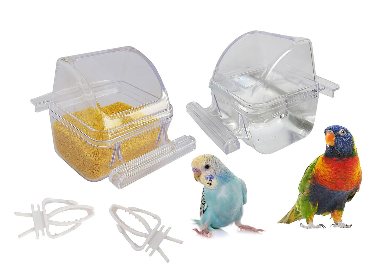 2 Pack Bird Feeders for Cage No Mess Parakeet Food Bowl with Cover Clear Hanging Parrot Water Dispenser Perch Cup Waterer Bird Dishes Seed Cage Cups Slot Replacement Feeder Bowls