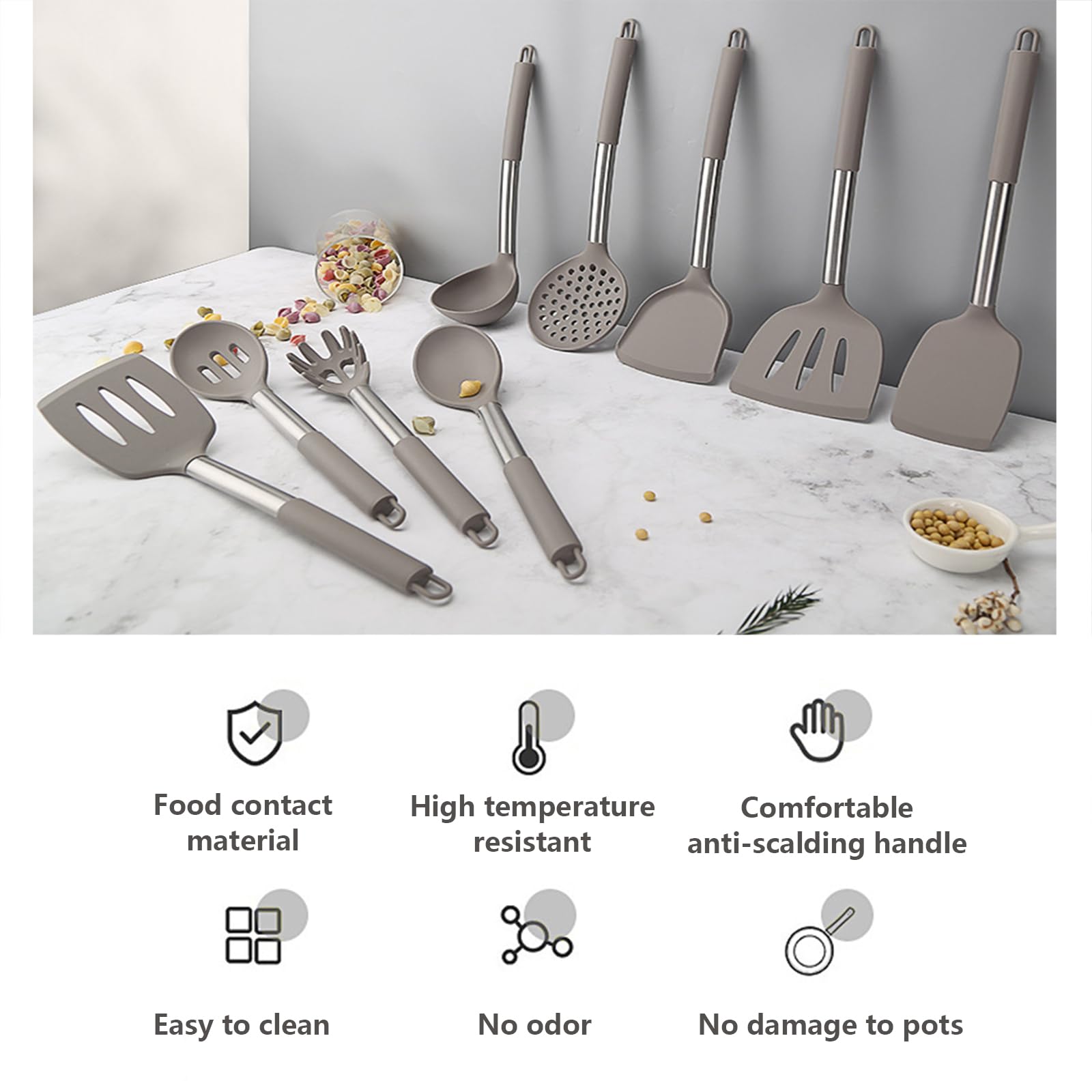 Küchenhelfer-Set aus Silikon mit Edelstahlgriff, hitzebeständige Kochutensilien, 9-teiliges Utensilien-Set mit Aufbewahrungshalter