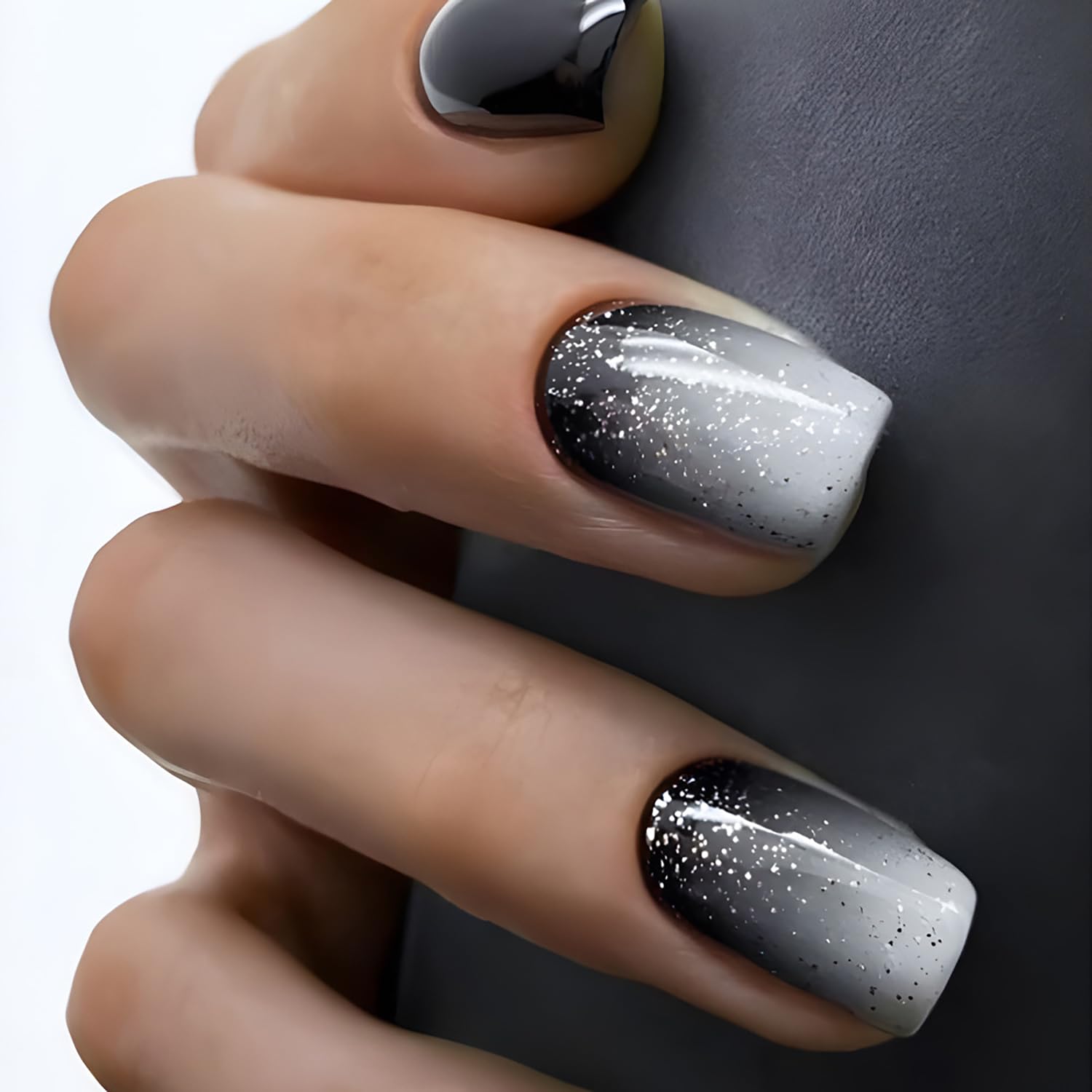 Square Press on Nails Short Black White Gradient French Tip Fake Nails with Glitter Powder Full Cover Acrylic Nails Artificial Coffin Nails Reusable