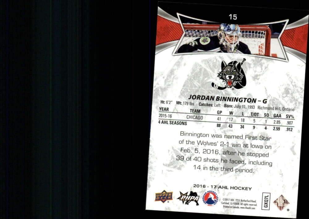 2016-17 UD AHL Red #15 Jordan Binnington Chicago Wolves Official Upper Deck American Hockey League Trading Card